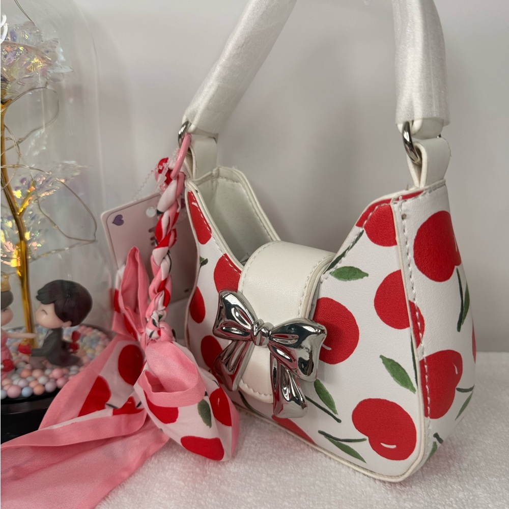 Cherry Print White Shoulder Bag with Bow Accent